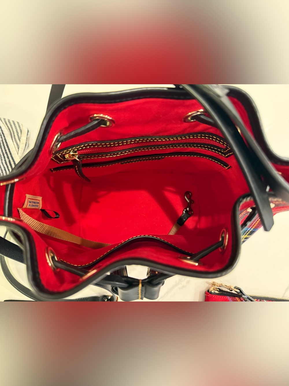 Dooney & Bourke Red Tartan Drawstring Bucket Bag with Matching Pouch - Picture 5 of 7